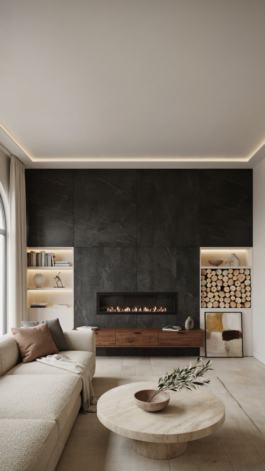 Fireplace Wall Design with Honed Black Slate