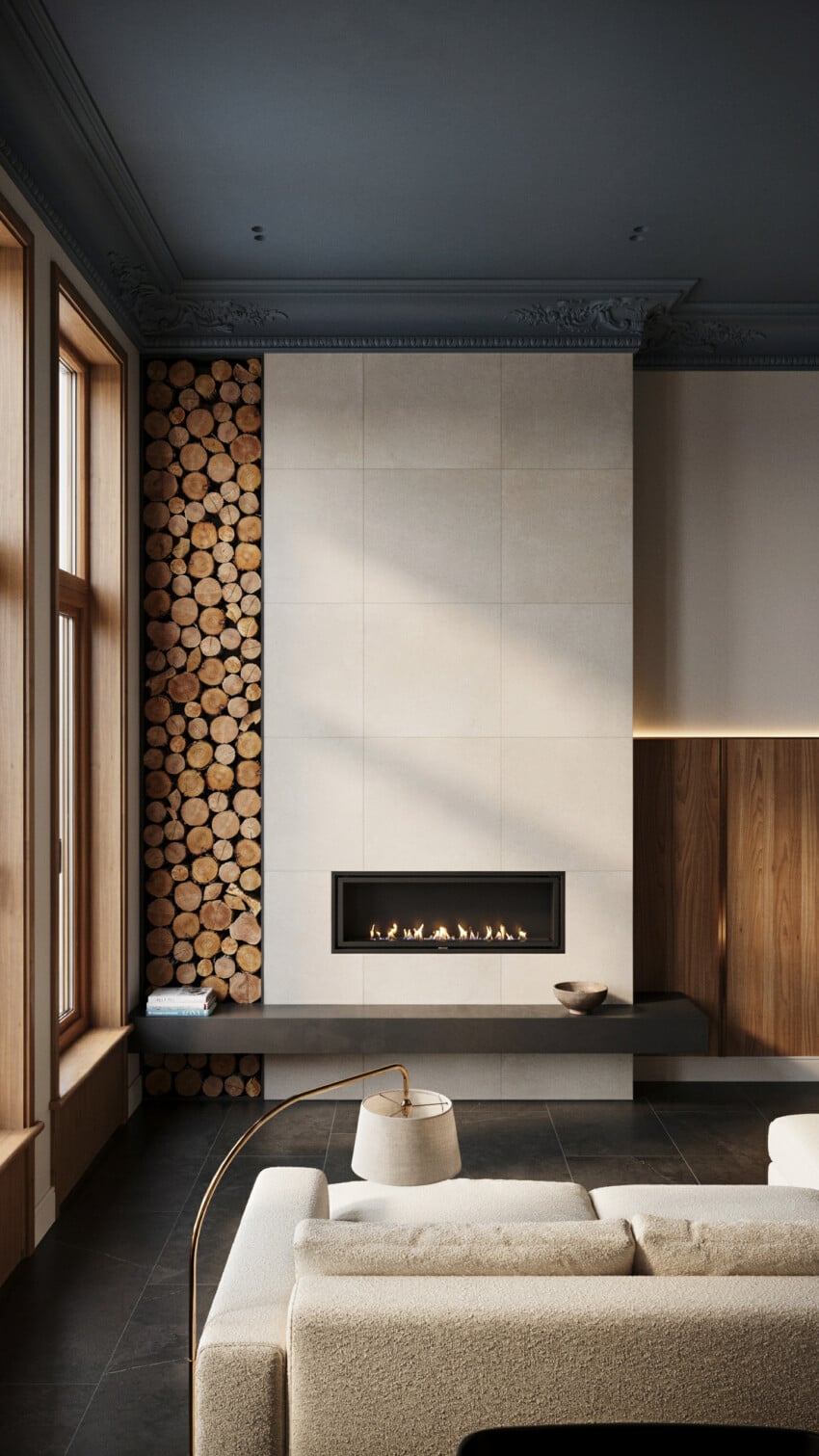 Fireplace Wall Design with Light Cream Porcelain Tile