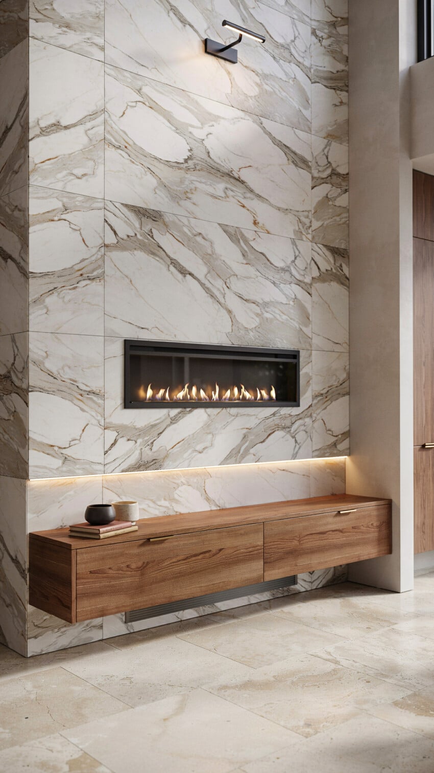 Fireplace Wall Design with Marble-Look Porcelain Tile