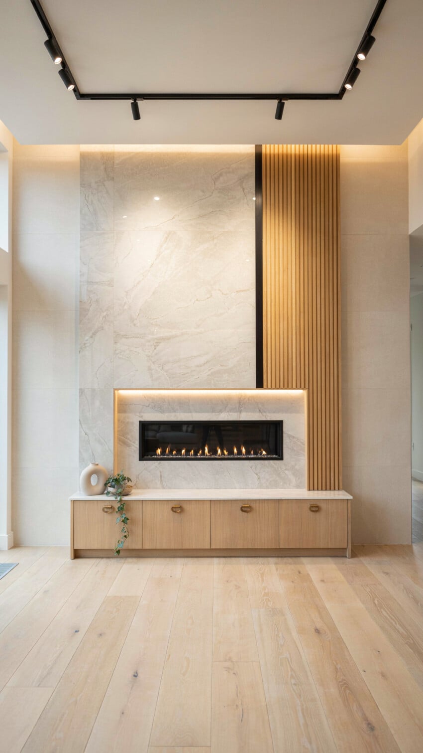 Fireplace Wall Design with Light Cream Porcelain Tile