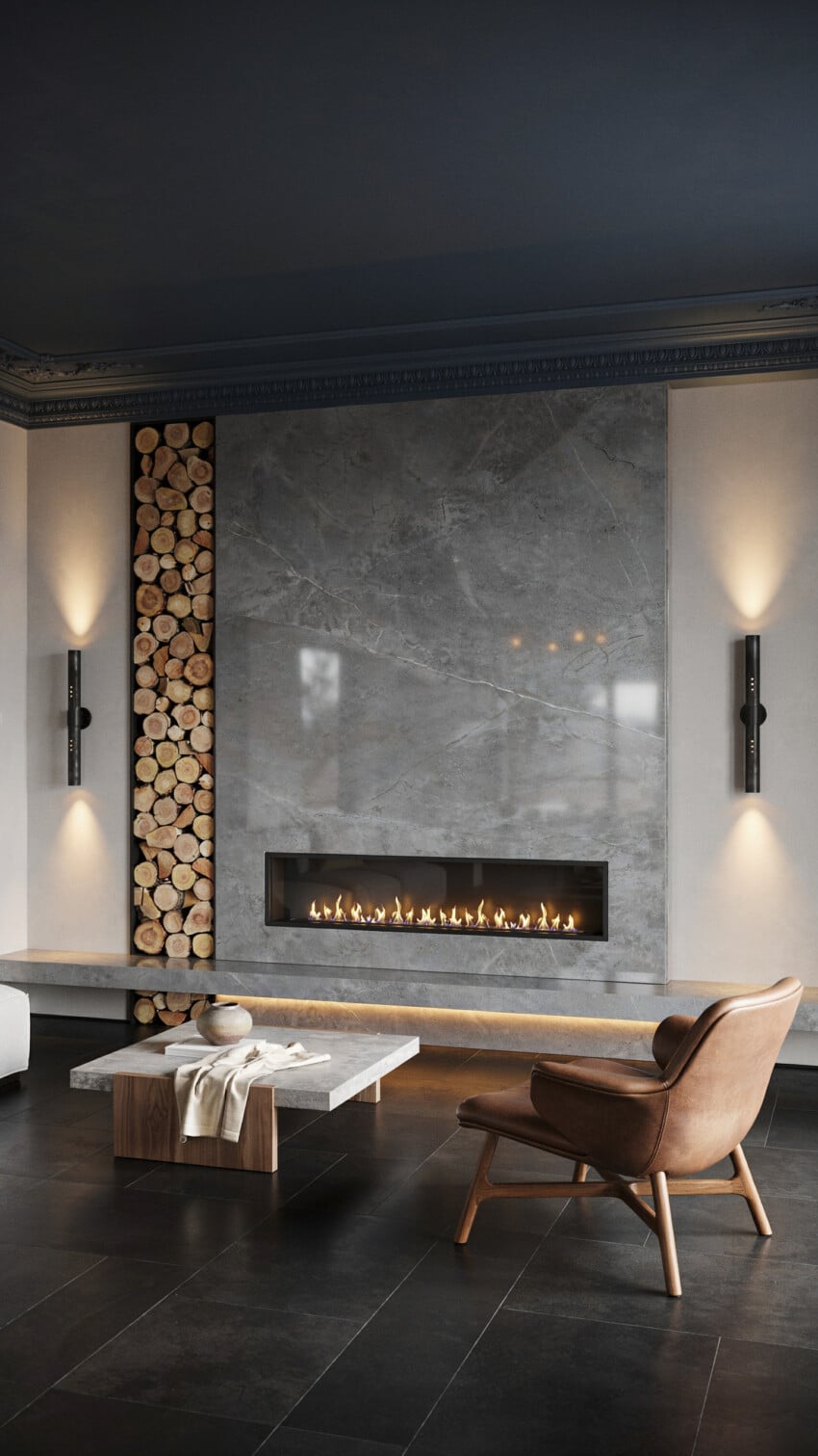 Fireplace Wall Design with Quartz Engineered Slab