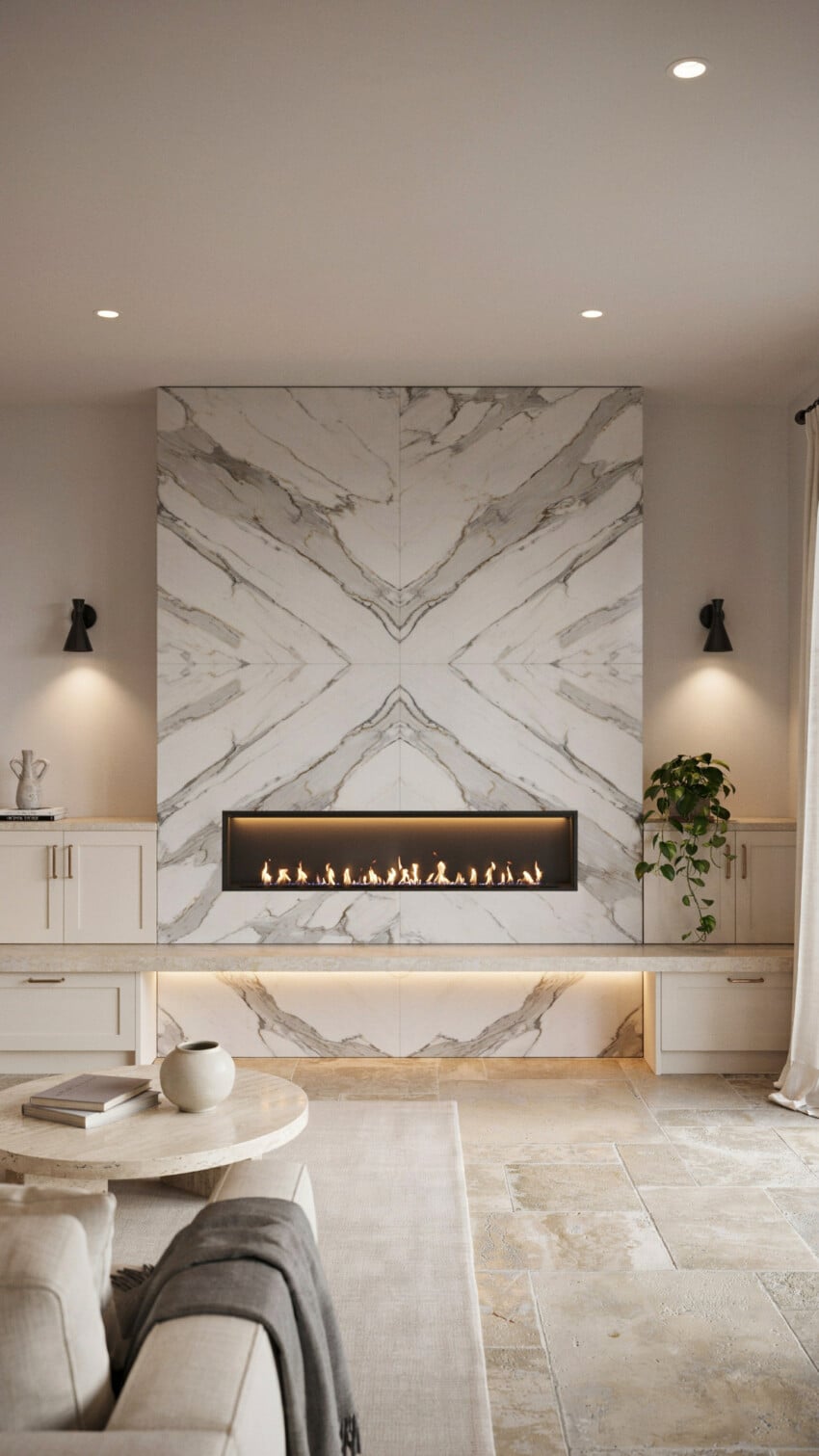 Fireplace Wall Design with Marble-Look Porcelain Tile