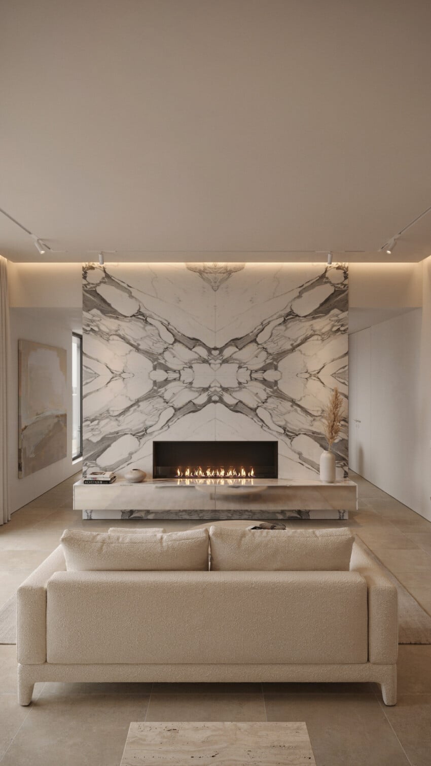 Fireplace Wall Design with Calacatta Marble Slab