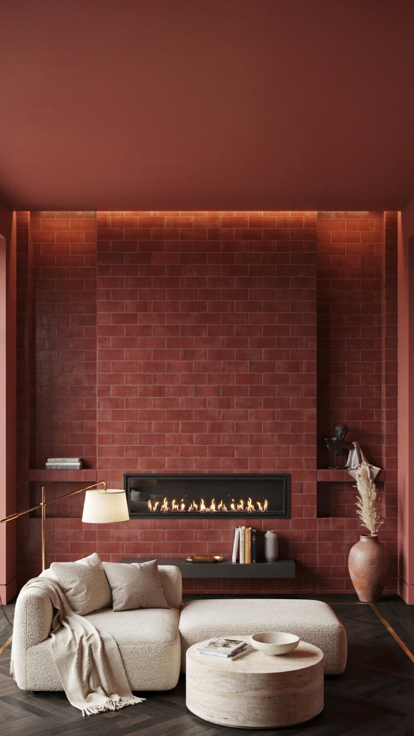 Fireplace Wall Design with Brick-Red Porcelain Tile