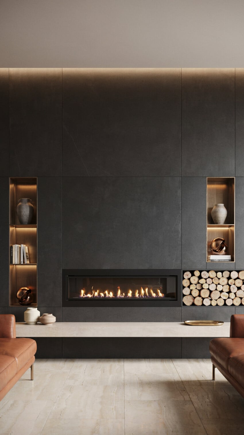 Fireplace Wall Design with Dark Graphite Porcelain Slab