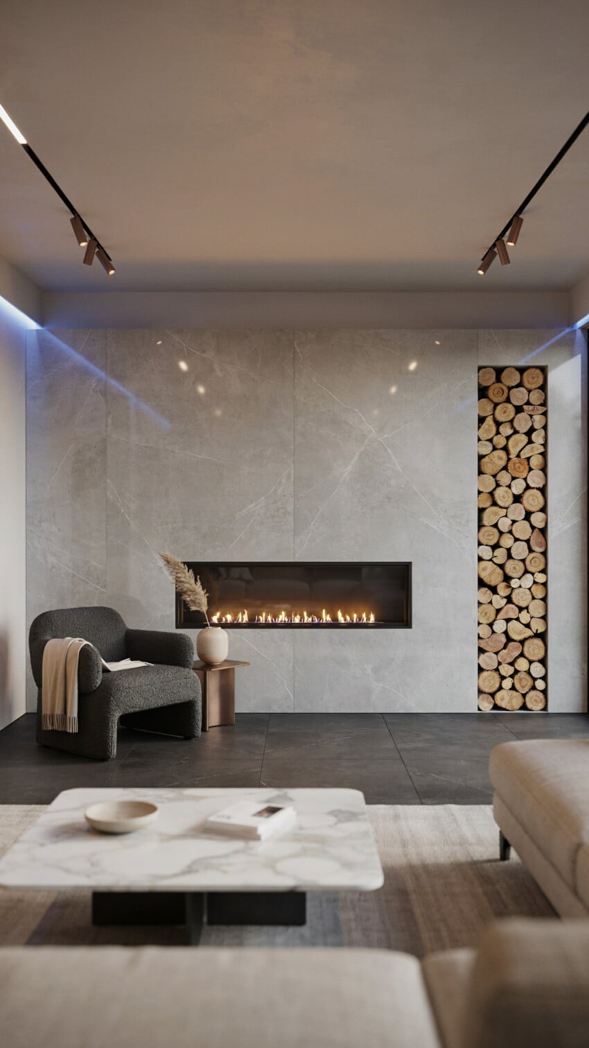 Fireplace Wall Design with Quartz Engineered Slab
