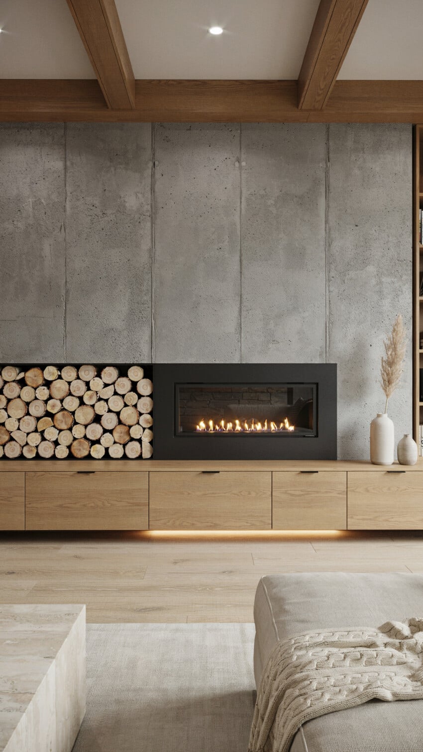 Fireplace Wall Design with Raw Poured Concrete