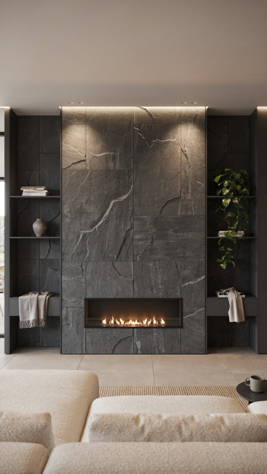 Fireplace Wall Design with Split-Face Charcoal Slate