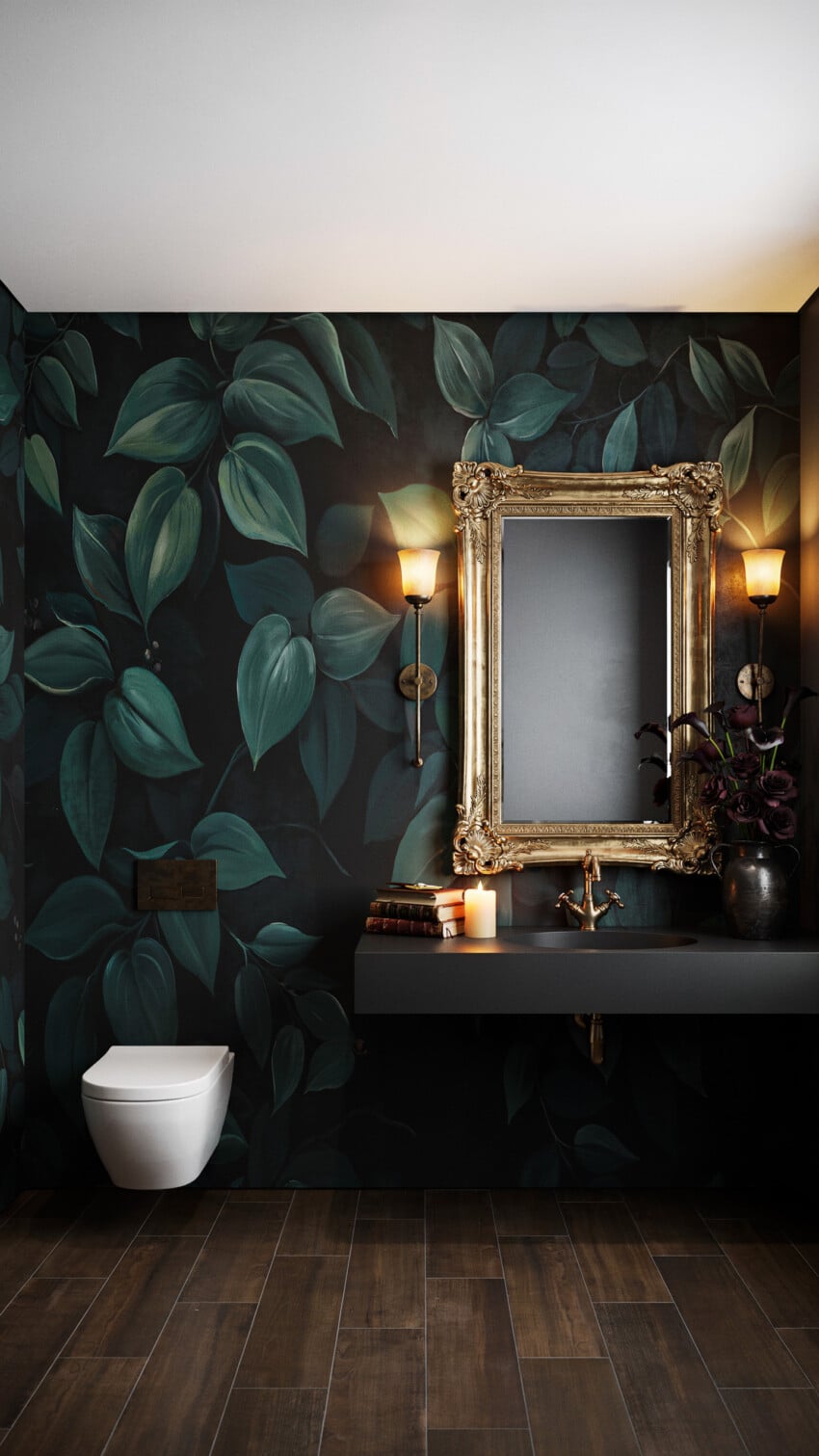 Moody Modern Powder Room with Dark Moody Botanical Mural Wallpaper