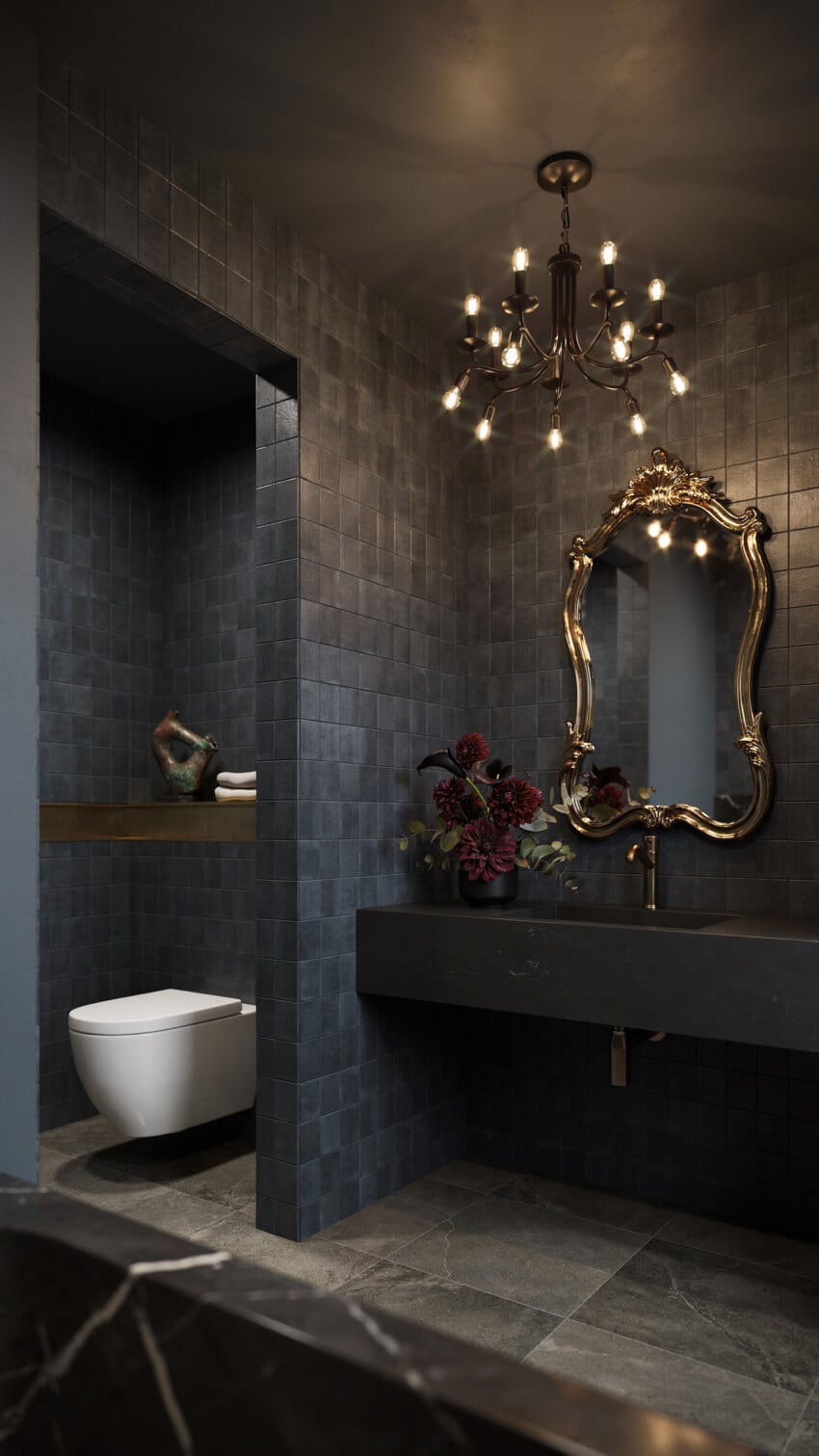 Moody Modern Powder Room with Charcoal Zellige Tile