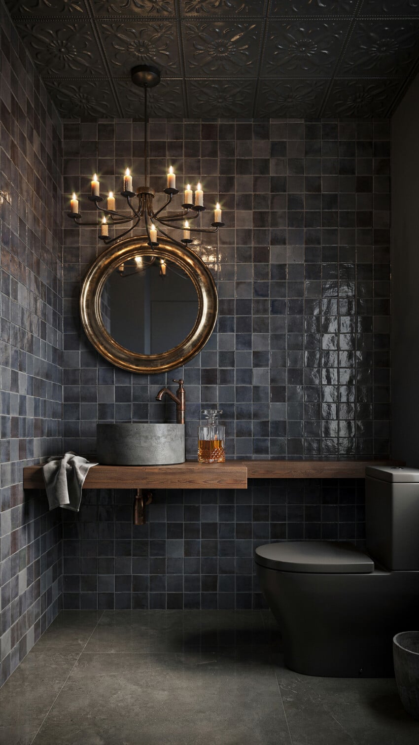 Moody Modern Powder Room with Charcoal Zellige Tile