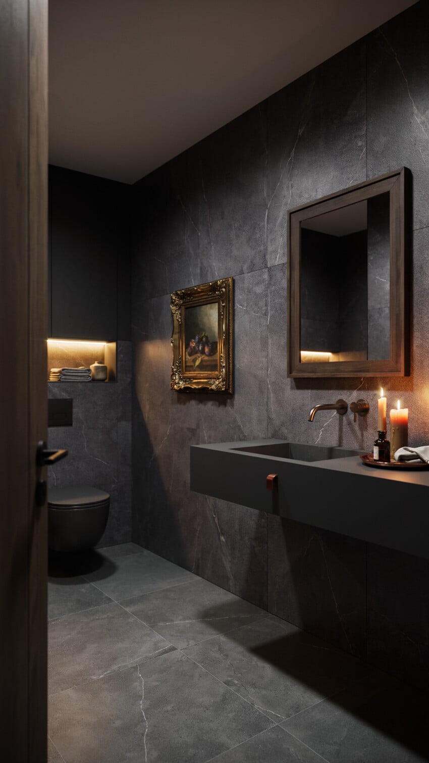 Moody Modern Powder Room with Dark Soapstone Slab Wall