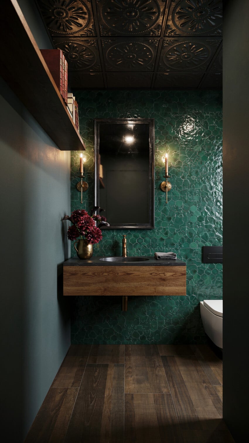 Moody Modern Powder Room with Forest Green Zellige Tile