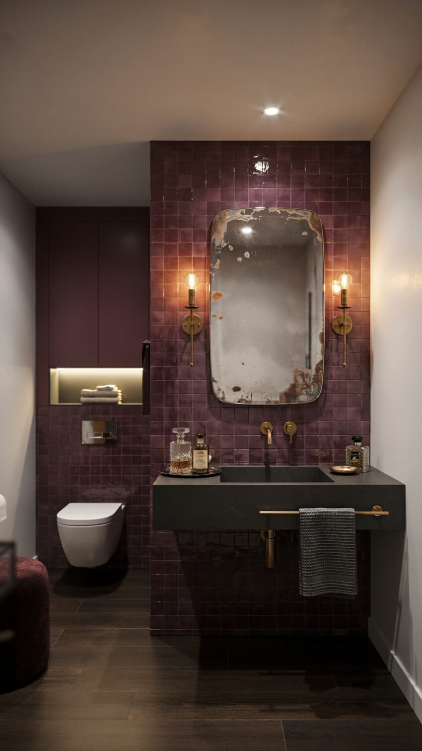 Moody Modern Powder Room with Deep Plum Zellige Tile
