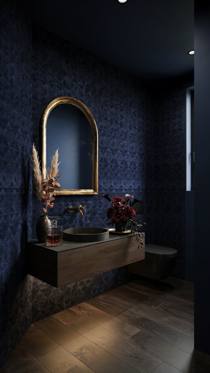 Moody Modern Powder Room with Dark Geometric Damask Wallpaper