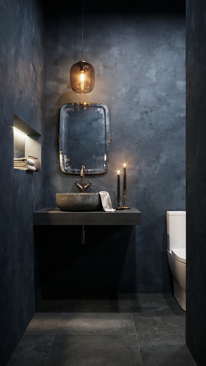 Moody Modern Powder Room with Charcoal Venetian Plaster