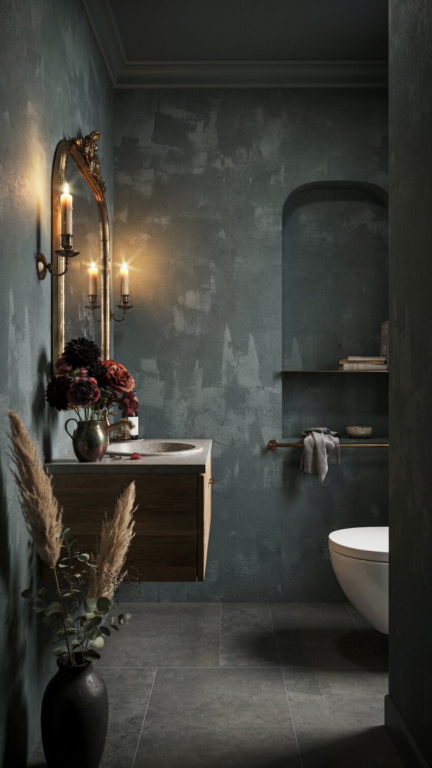 Moody Modern Powder Room with Charcoal Venetian Plaster