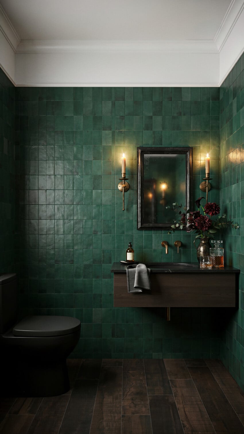 Moody Traditional Powder Room with Forest Green Zellige Tile