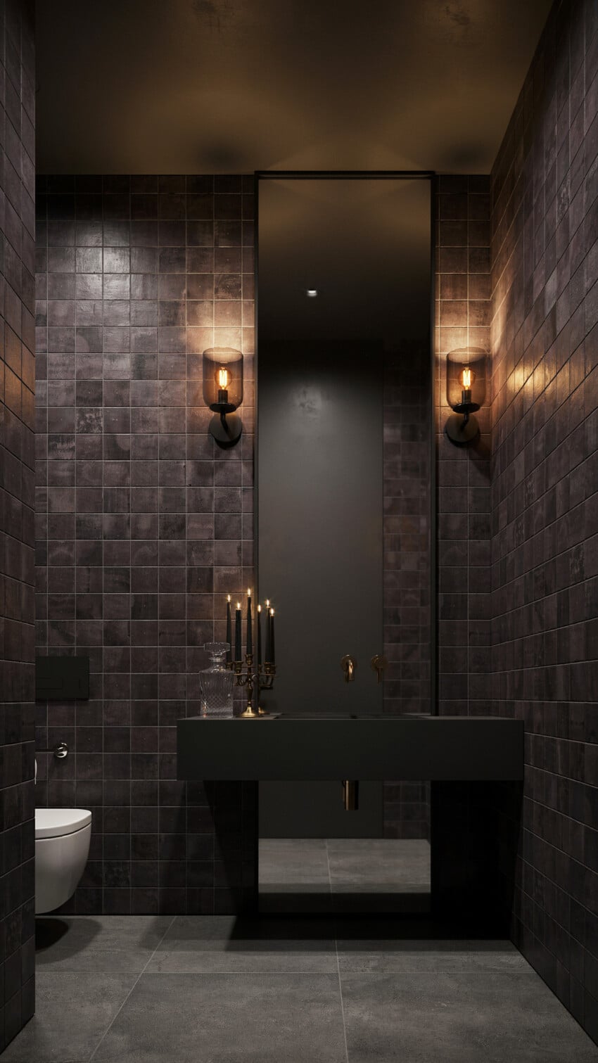 Moody Traditional Powder Room with Charcoal Zellige Tile