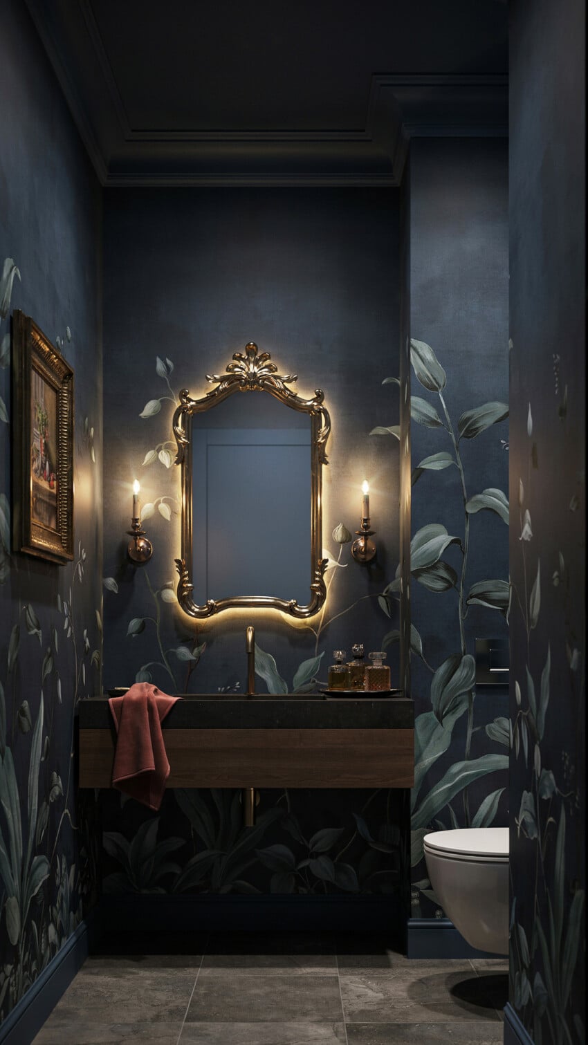 Moody Traditional Powder Room with Dark Moody Botanical Mural Wallpaper