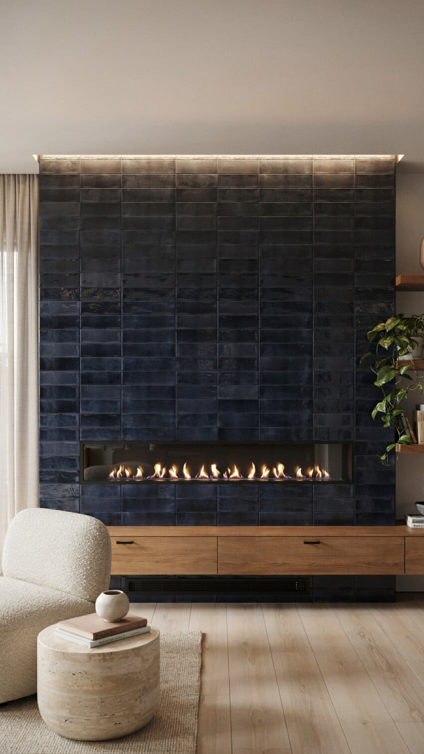 Fireplace Wall Design with Navy Blue Subway Tile
