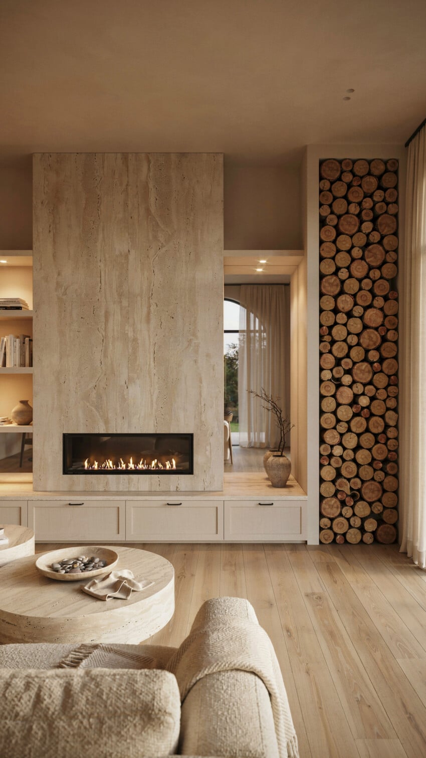 Fireplace Wall Design with Honed Travertine Slab