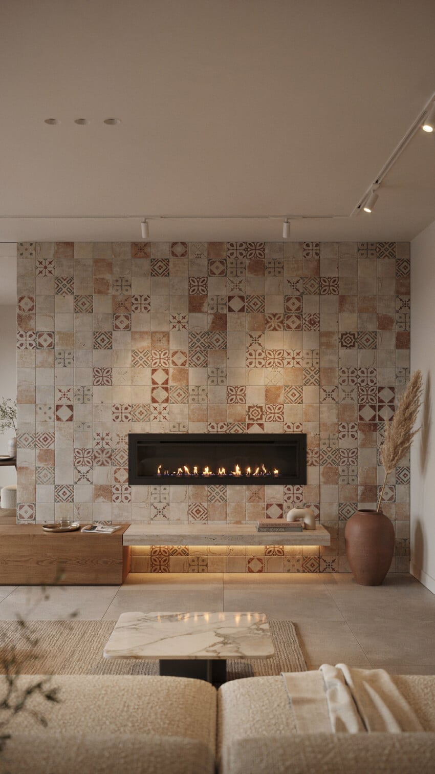Fireplace Wall Design with Earth Tone Patchwork Tile