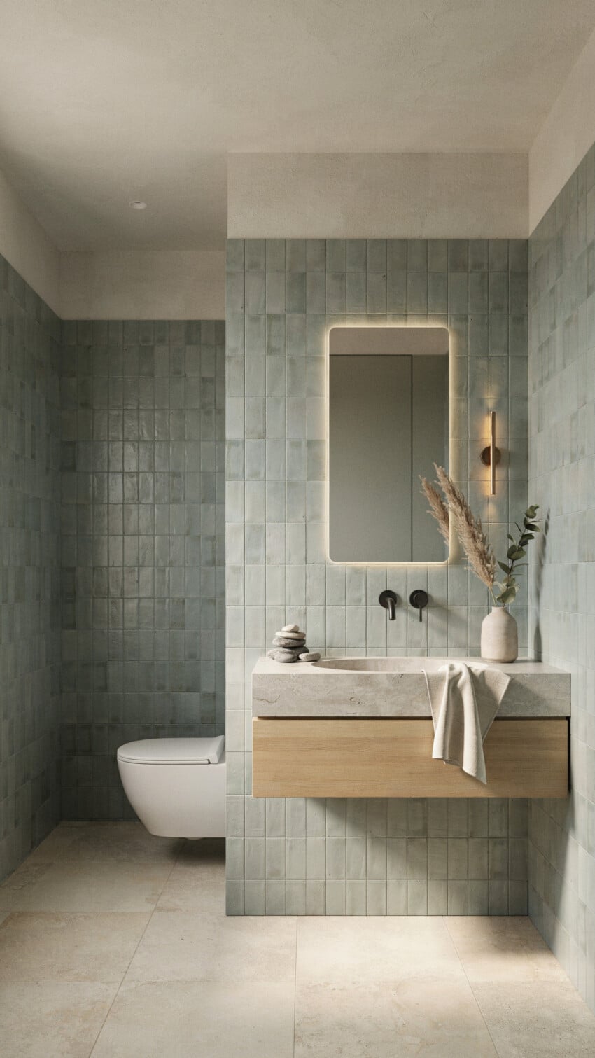 Nordic Zen Powder Room with Muted Sage Zellige Tile