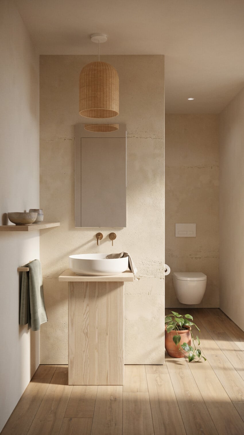 Nordic Zen Powder Room with Rammed Earth Look Plaster In Warm Sand
