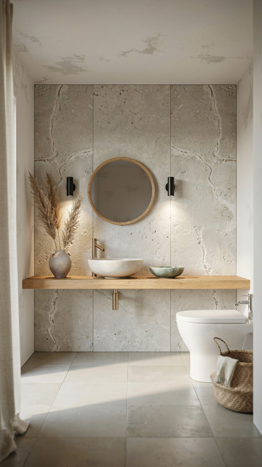 Nordic Zen Powder Room with Natural Travertine Slab Wall