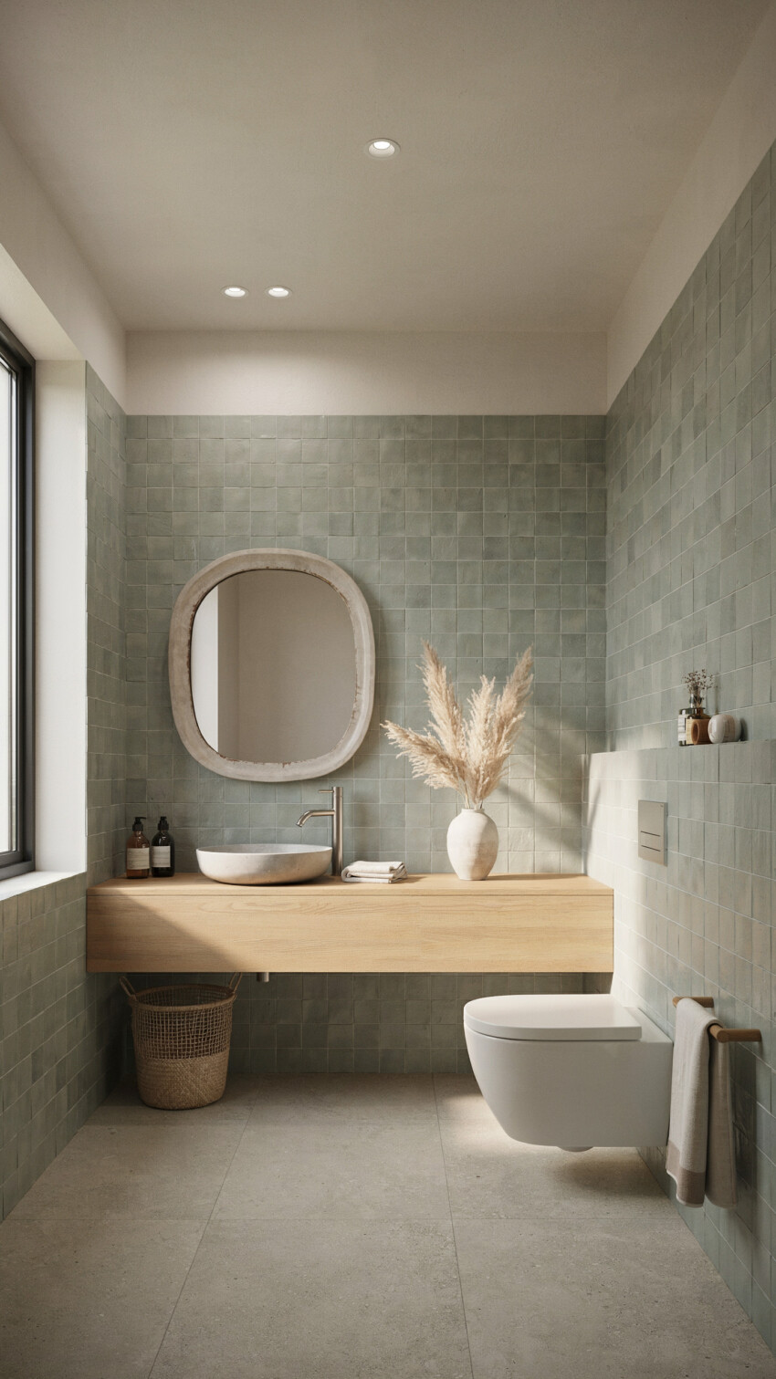 Nordic Zen Powder Room with Muted Sage Zellige Tile