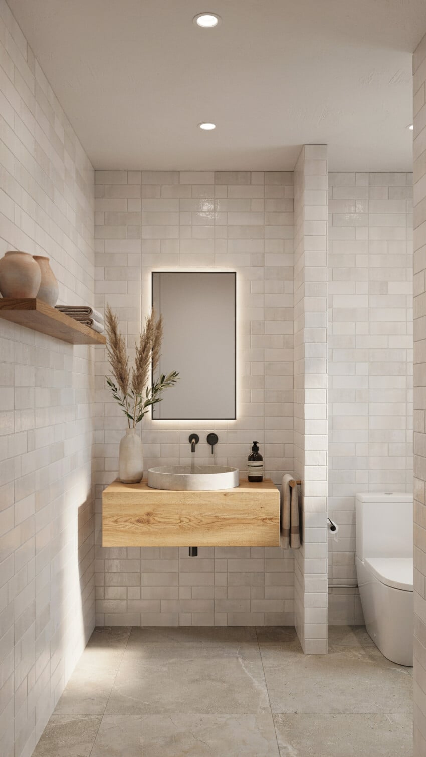 Nordic Zen Powder Room with Soft White Brick-Pattern Ceramic Tile