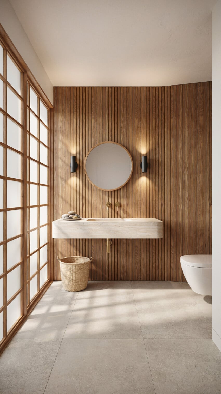 Scandinavian Organic Powder Room with Vertical Oak Wood Slat Panels