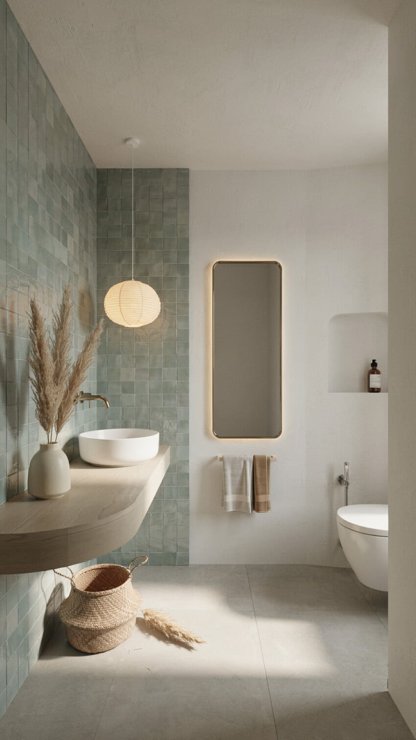 Scandinavian Organic Powder Room with Muted Sage Zellige Tile