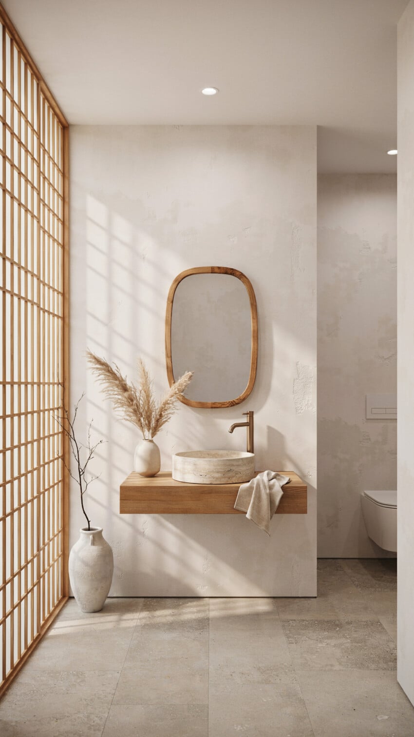 Scandinavian Organic Powder Room with Limewash Plaster In Warm White