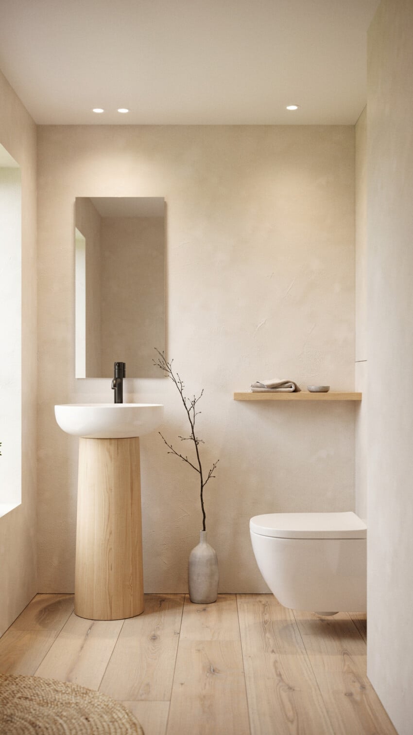 Scandinavian Organic Powder Room with Smooth Clay Plaster In Warm Cream