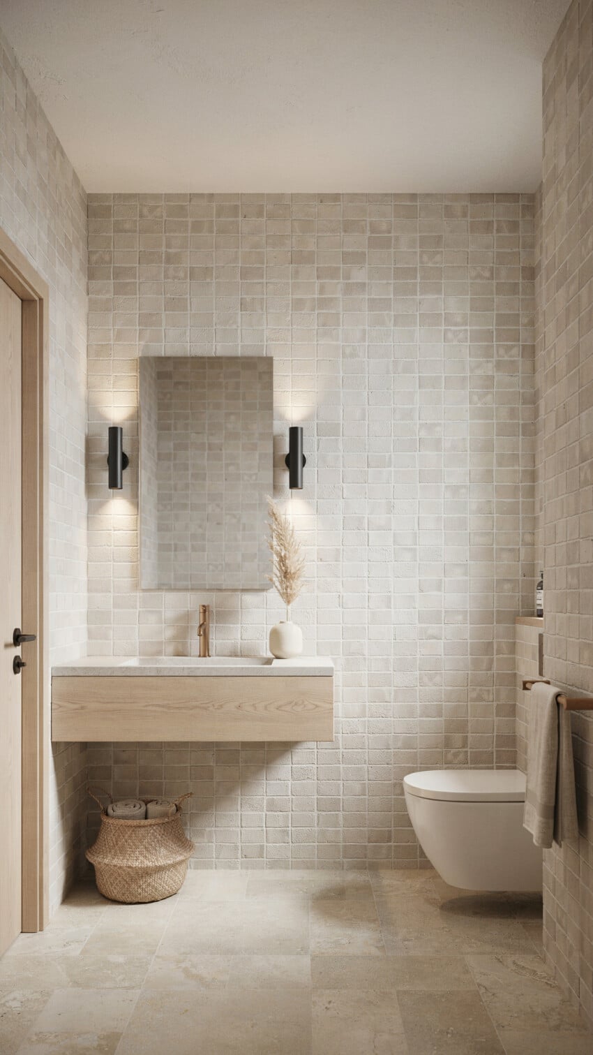 Wabi-Sabi Modern Powder Room with Soft White Brick-Pattern Ceramic Tile