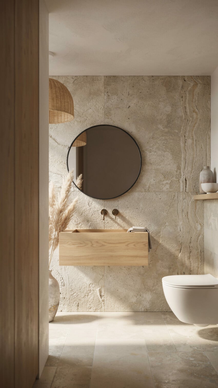 Wabi-Sabi Modern Powder Room with Natural Travertine Slab Wall