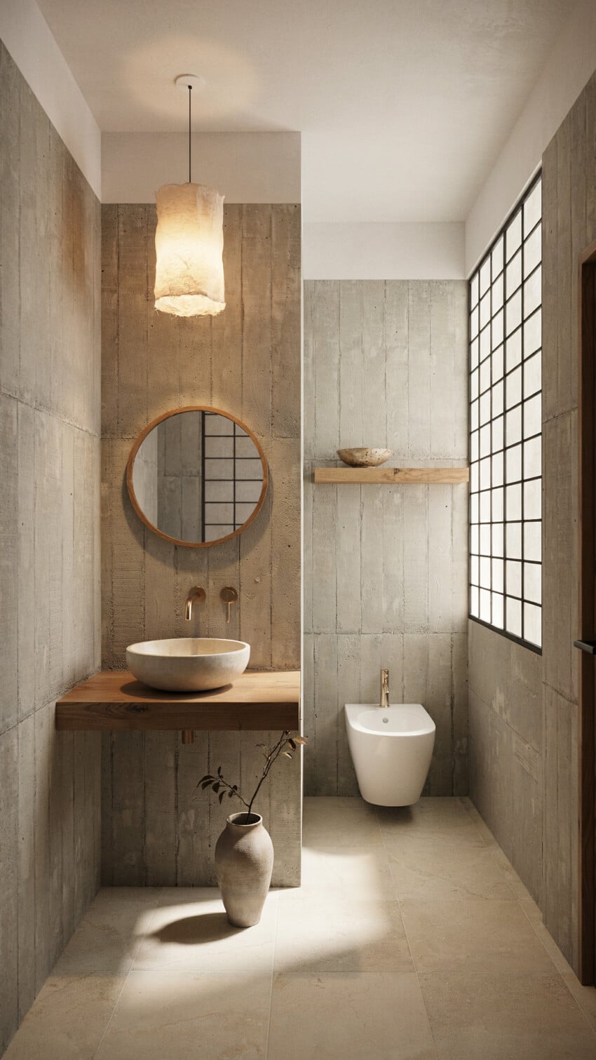 Wabi-Sabi Modern Powder Room with Honed Concrete Panels In Warm Gray