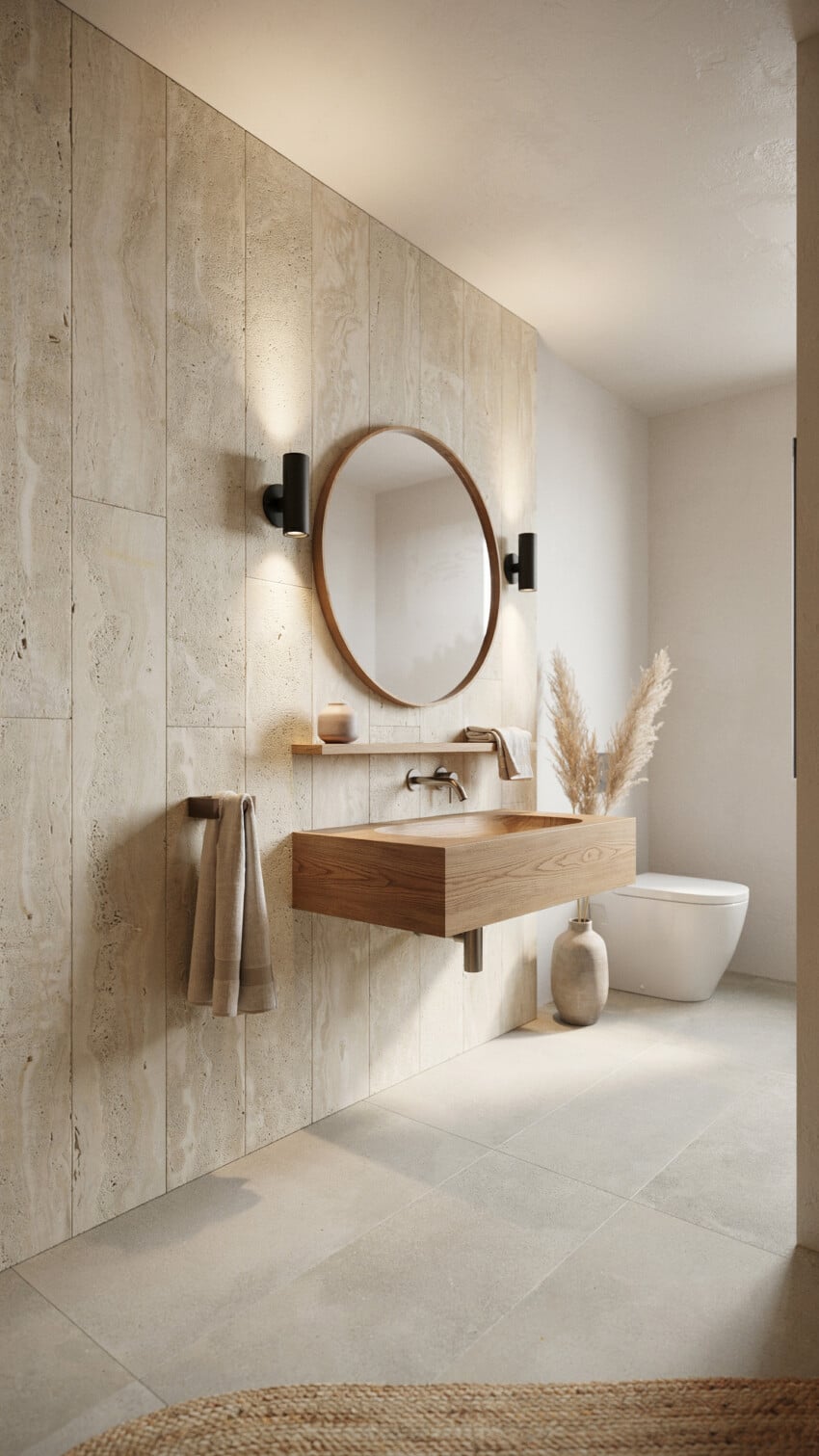 Wabi-Sabi Modern Powder Room with Natural Travertine Slab Wall