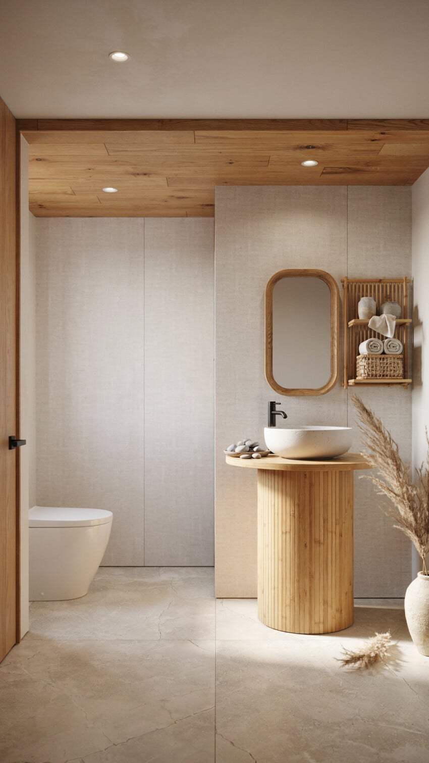 Wabi-Sabi Modern Powder Room with Washi-Textured Linen Wall Panels