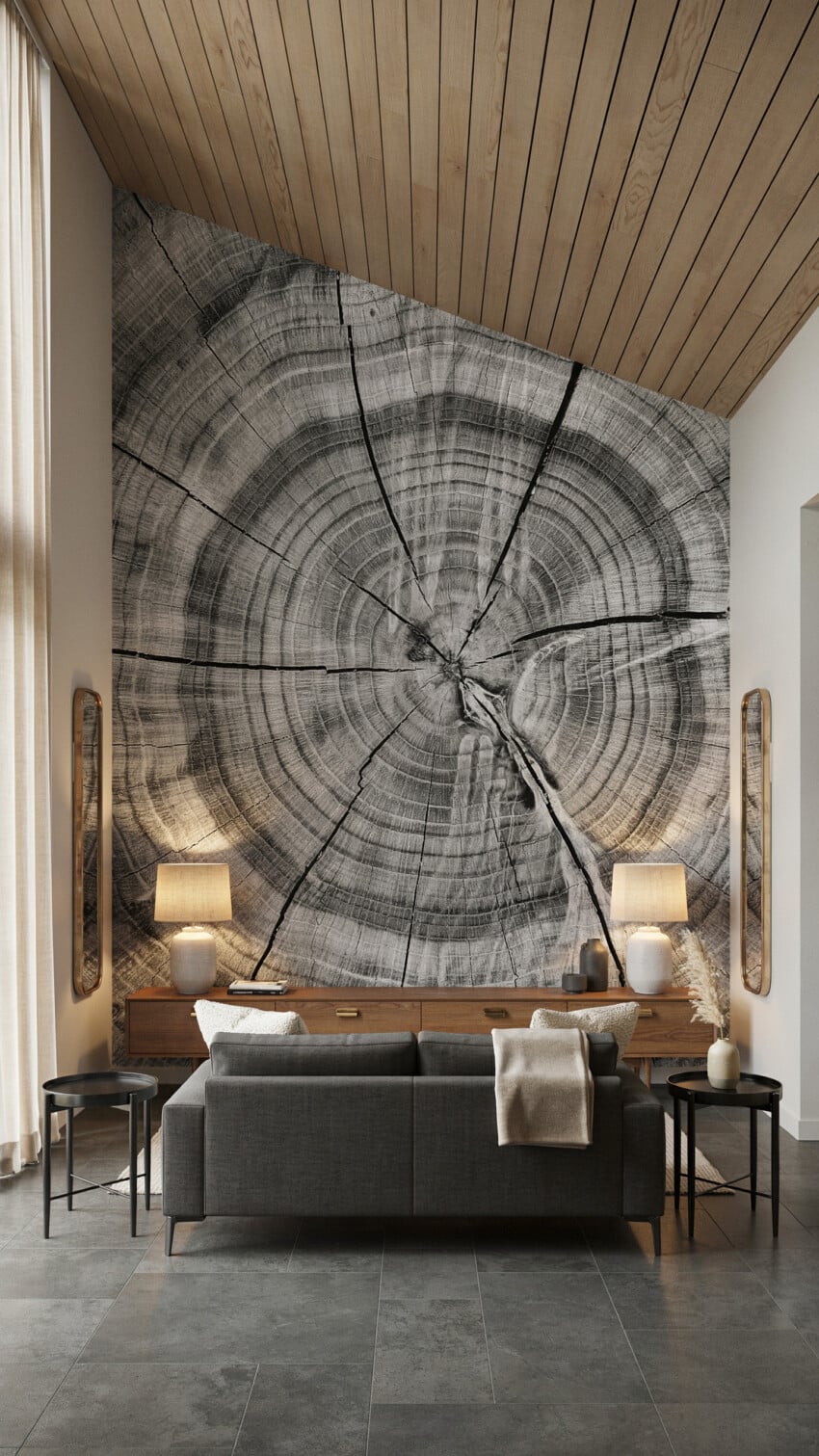 Black and White Tree Ring Mural Accent Wall