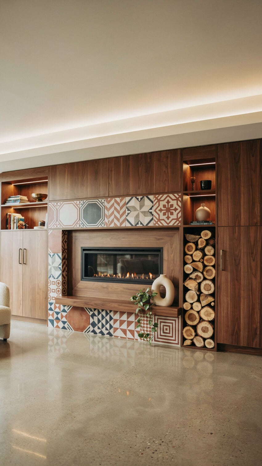 Fireplace Wall Design with Multi-Pattern Patchwork Tile