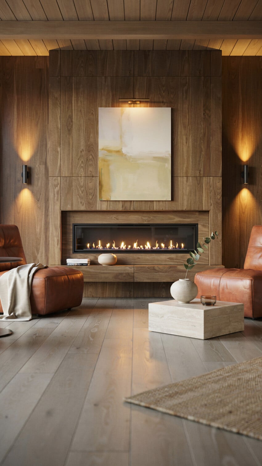 Fireplace Wall Design with Warm Oak Wood-Look Tile