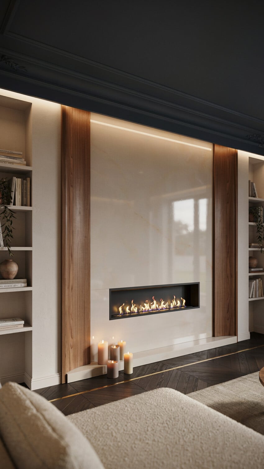Fireplace Wall Design with Polished Cream Porcelain Slab