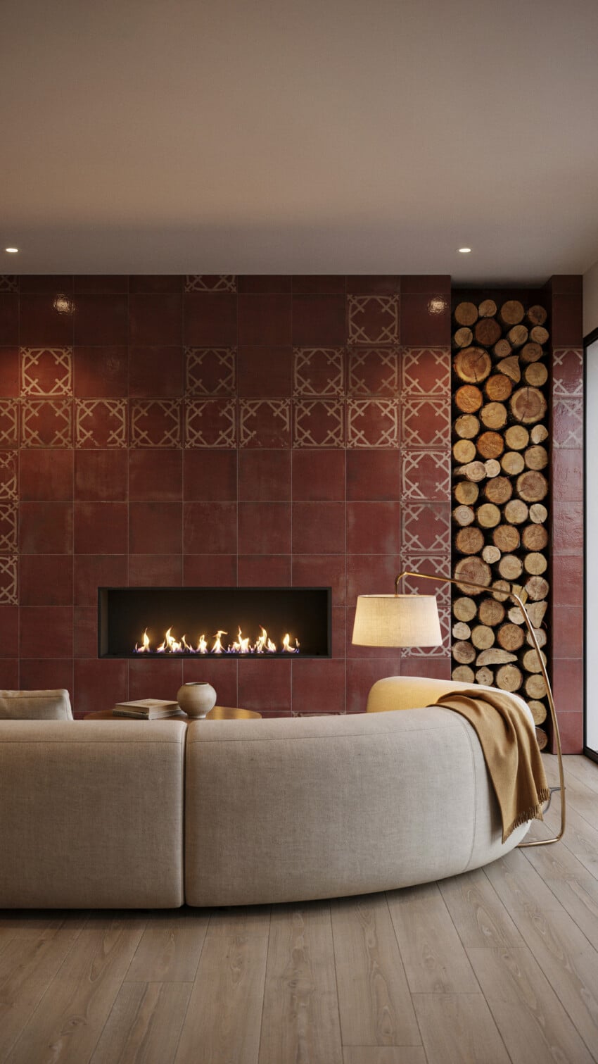 Fireplace Wall Design with Deep Red Encaustic Tile