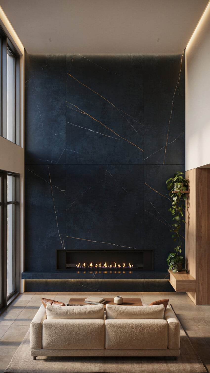 Fireplace Wall Design with oversized 4x8 ft dark blue with gold veins polished porcelain slab panels