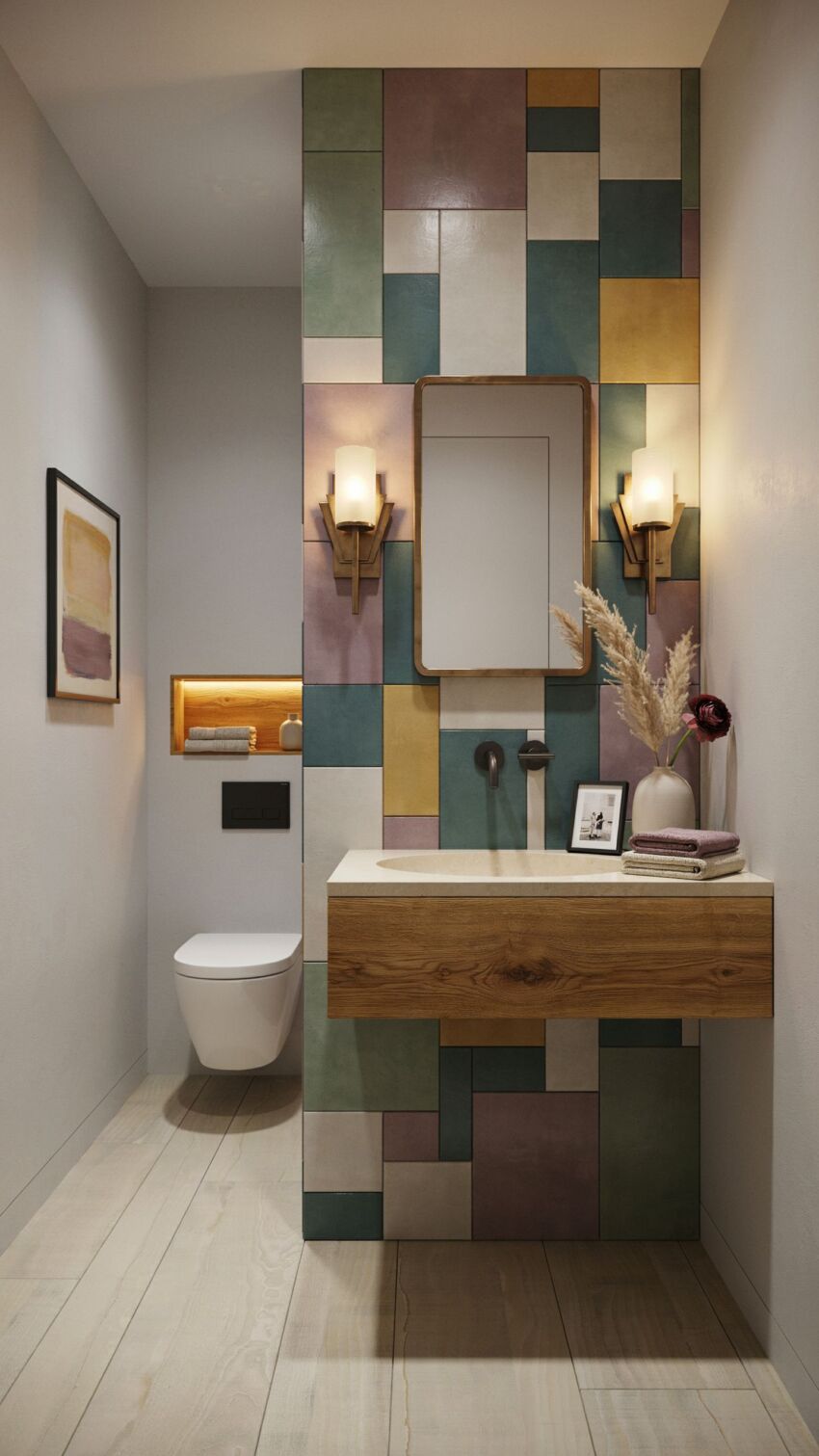 Art Deco Powder Room with matte patchwork geometric tiles