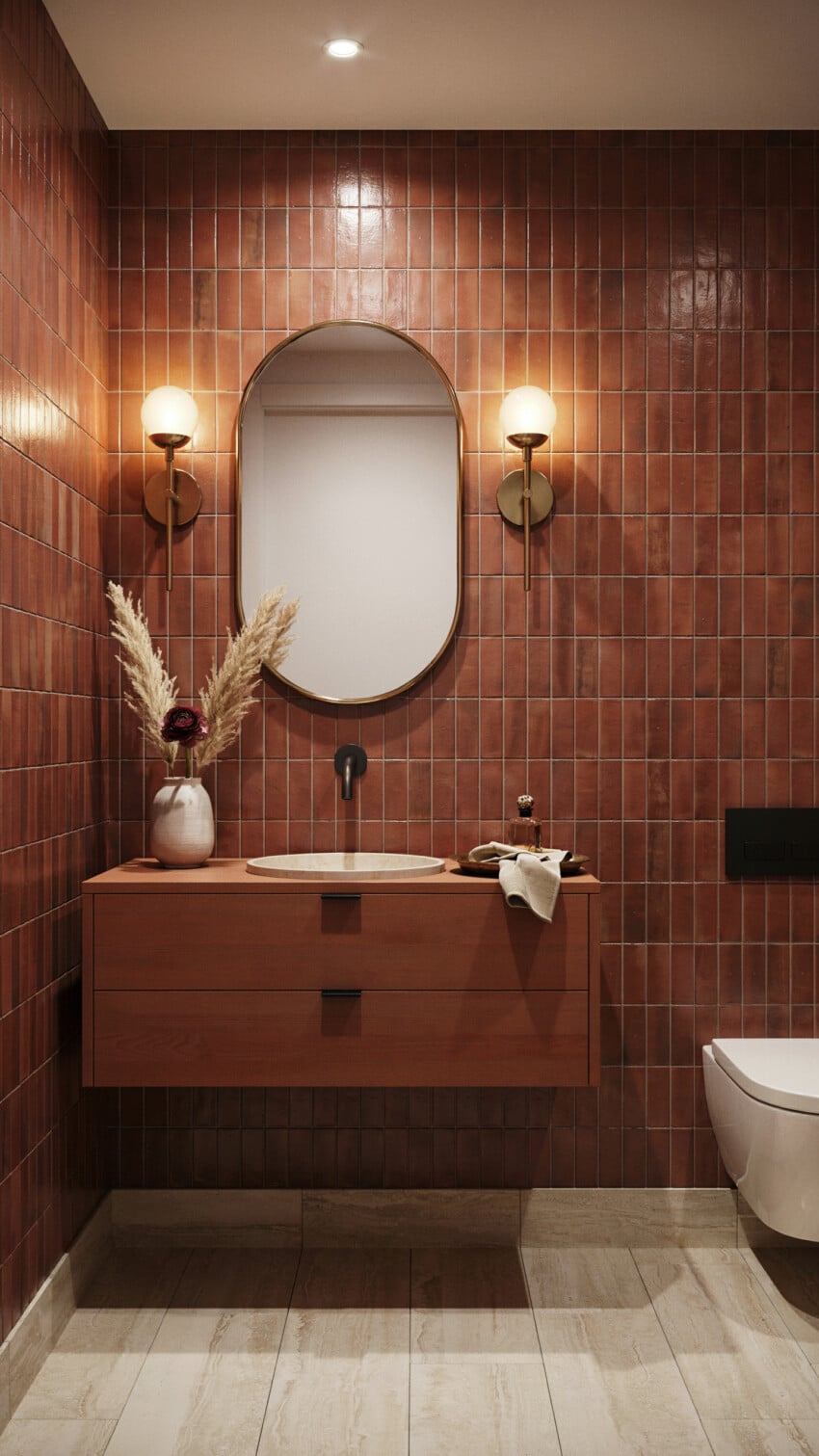 Art Deco Powder Room with terracotta square tiles