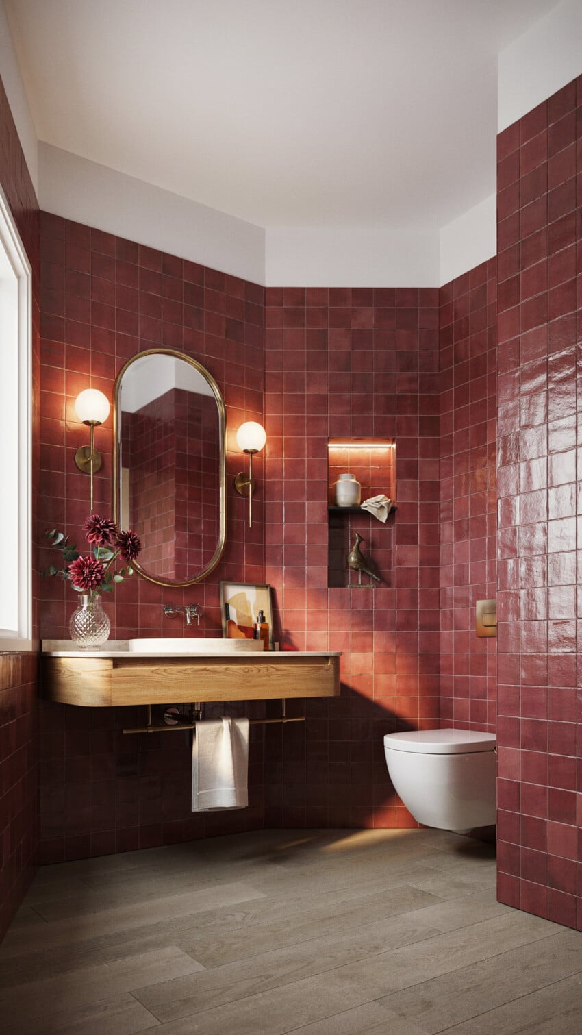 Art Deco Powder Room with deep burgundy zellige tiles